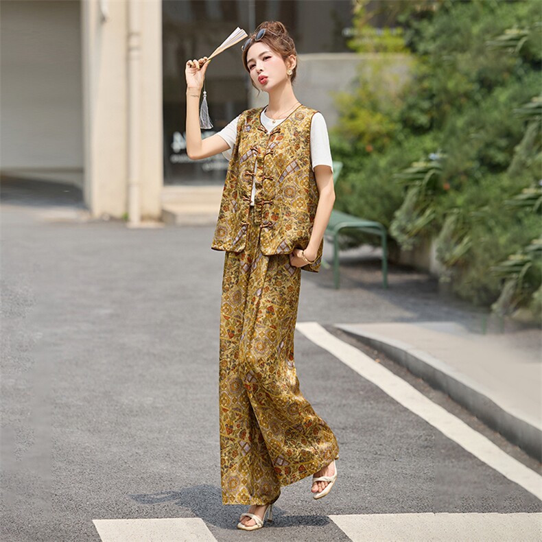 新中式国风洋气套装女2025夏季复古气质盘扣马甲T恤阔腿裤三件套,女装套装/套裙,布芭啦