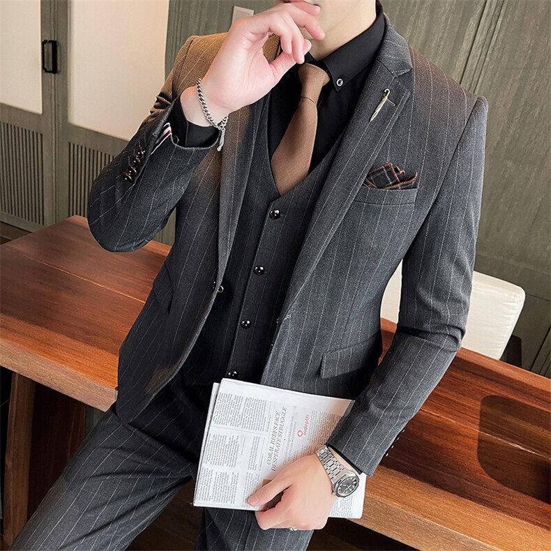 春秋韩版男士西服套装休闲竖条纹西装三件套新郎结婚礼服,男装西服套装,星座1012