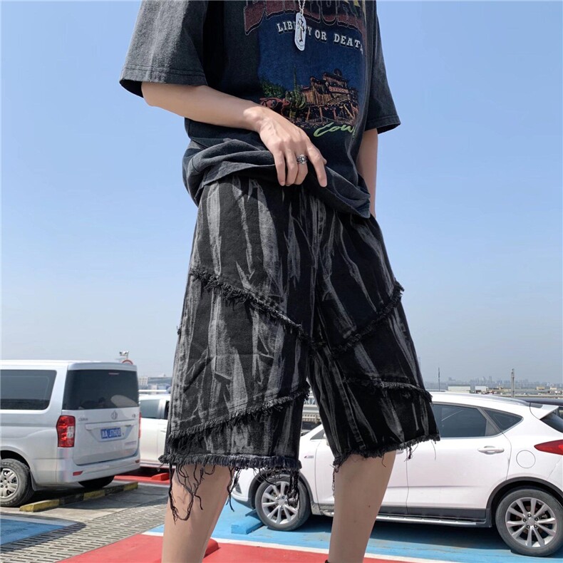 ins欧美高街暗黑扎染印花毛边牛仔短裤潮牌宽松直筒休闲五分裤,男装牛仔裤,星座218-1（原230）