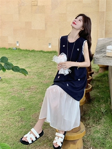 刺绣无袖连衣裙女夏季2026新款韩系减龄休闲甜美假两件拼接背心裙图片