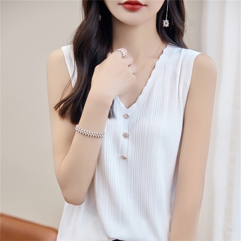 2025年春夏新款曲珠冰丝花边V领针织背心无袖纽扣套头打底衫上衣，女装背心吊带，暖姿羊绒