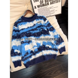 AA1848 P65蓝色马海毛圣诞毛衣男秋冬高级感撞色针织衫图片
