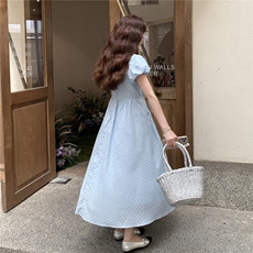 2025夏季日系设计感泡泡袖波点长裙女温柔浪漫风领口抽绳连衣裙潮，女装连衣裙，2C105