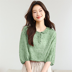 纯苎麻衬衫女夏季2025新款中年妈妈宽松洋气七分袖娃娃领碎花上衣，女装衬衫，独衣靓