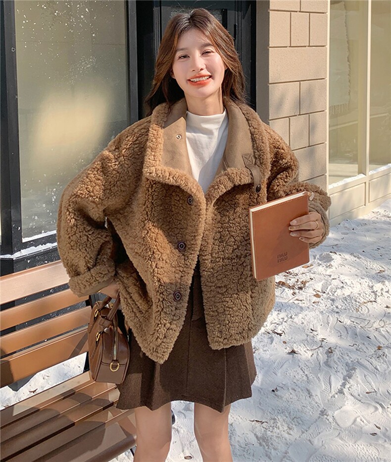 美拉德两面穿短款皮毛一体上衣女冬复古麂皮绒羊羔毛外套，女装羊羔毛/颗粒绒，浙宝220A