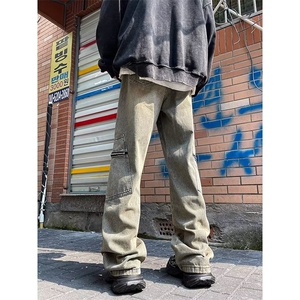 做旧工装牛仔裤男潮牌美式hiphop裤子黄泥宽松直筒长裤WH633-p52图片