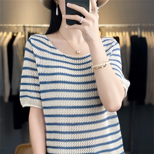 24夏季新款条纹圆领镂空100%纯棉短袖女宽松百搭针织上衣背心T恤,红色马丁靴女秋天搭配衣服图片