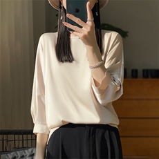 七分袖圆领纯色2024年秋季套头简约衬衫，女装衬衫，绒宛羊绒