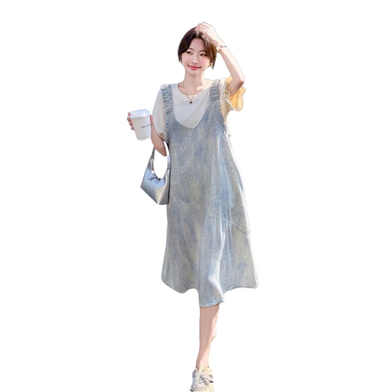 短袖夏季翻领中长裙宽松腰连衣裙法式宽松牛仔辣妈,女装套装/套裙,2C113