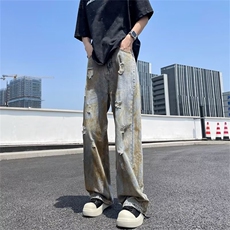 破洞牛仔裤男新款美式高街设计感小众做旧水洗宽松直筒长裤子，男装牛仔裤，星座601-2