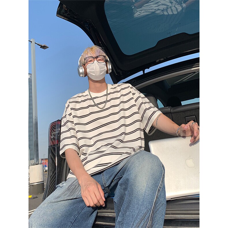 wassup happy小领口短袖t恤男夏季薄款条纹宽松半截袖休闲上衣服图片