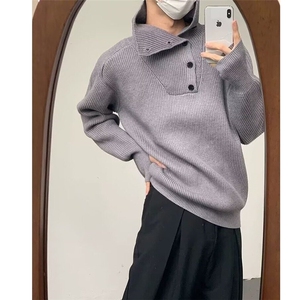 长袖潮青少年常规宽松型套头针织衫毛衣高领纽扣设计上衣立领春季图片