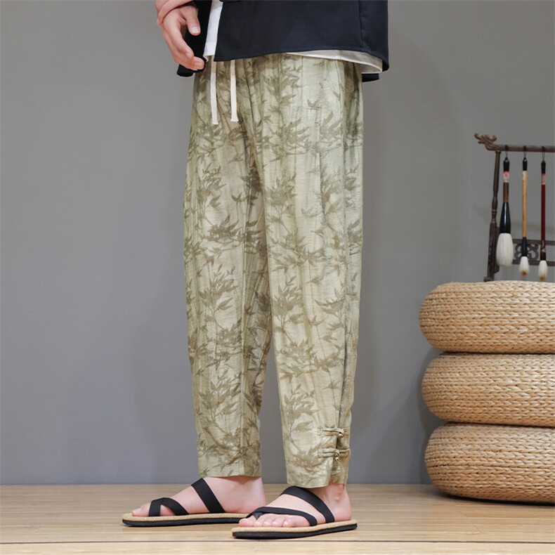 2025春季新款新中式男装风盘扣束脚天丝提花休闲长裤K131-P70，男装休闲裤，电商B277(原6028)