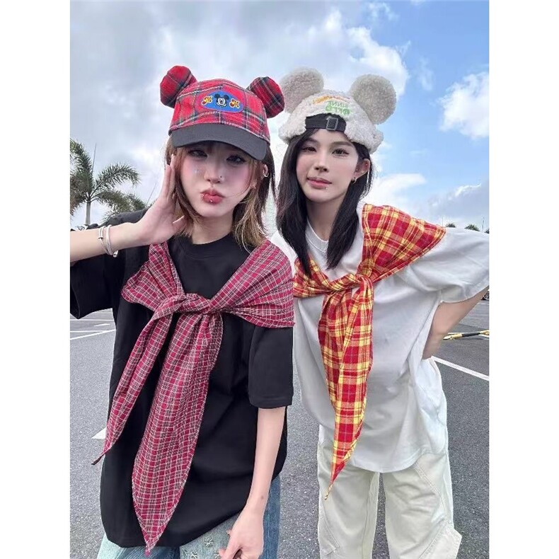美式格子蝴蝶结绑带圆领短袖T恤女夏季独特设计感宽松百搭上衣潮,男装T恤,星座506A