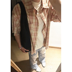 复古下摆流苏格子衬衫短袖男夏休闲简约欧若风氛围感衬衣WA40，男装衬衫，星座1116A（原606A-3）
