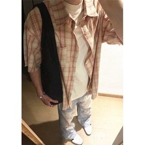 复古下摆流苏格子衬衫短袖男夏休闲简约欧若风氛围感衬衣 WA40图片