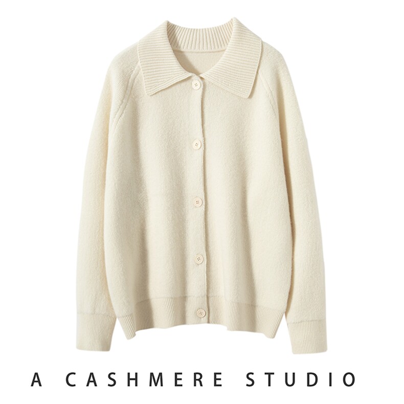 康宝莱纱~75%山羊绒25%桑蚕丝！基础美针织开衫女polo领宽松外套，女装羊绒衫，启东羊绒