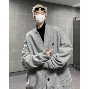 HY9130-P38华夫格刺绣开衫卫衣男秋季宽松休闲百搭棒球服夹克上衣