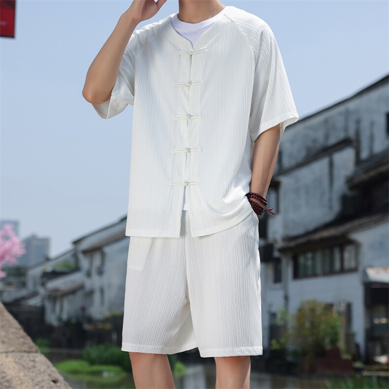 2025夏季风男装套装针织竖纹理唐装套装短袖+短裤A101-P75,男装休闲套装,电商B277(原6028)