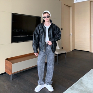 痞帅Pu皮衣小众设计感潮牌双拉链垫肩皮夹克男机车服秋冬高街外套图片