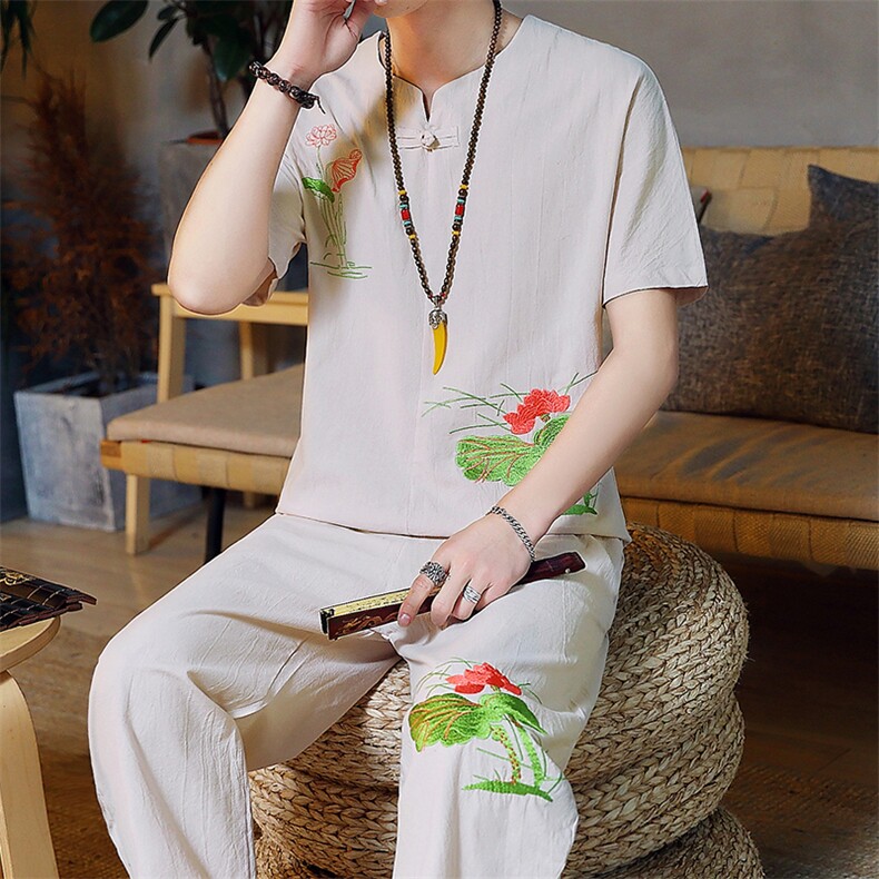 夏季古风男装复古唐装两件套风印花佛系中式汉服男TZ024,男装T恤,星座509