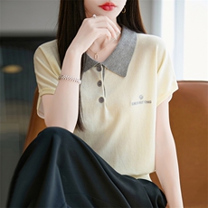夏季新款撞色POLO领针织短袖女洋气宽松显瘦减龄冰丝翻领T恤上衣，女装T恤，菲奥羊绒