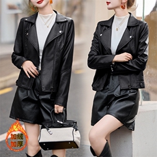 海宁皮衣女2024秋冬修身仿绵羊皮女士短款皮夹克小个子气质皮外套，女装皮衣，江南女神