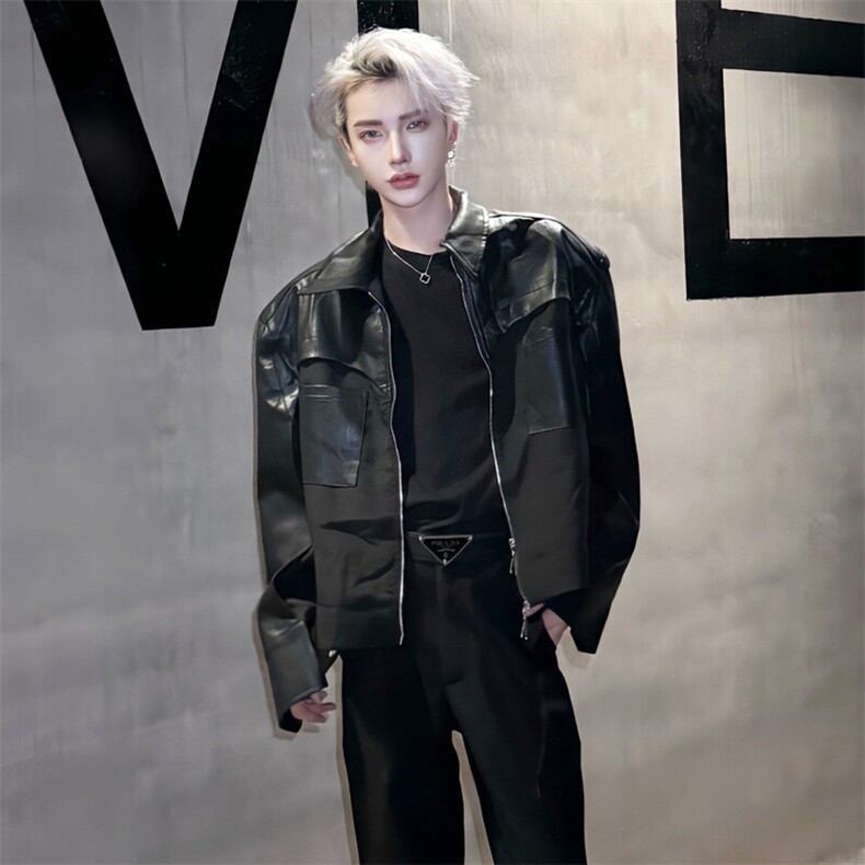（自家图）小众pu皮拼接机车服皮夹克皮衣2612-P80裤子2611,男装夹克,星座910-5
