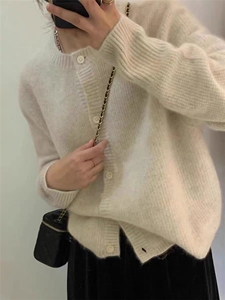 长袖针织开衫女宽松百搭纯色羊毛休闲外套上衣图片