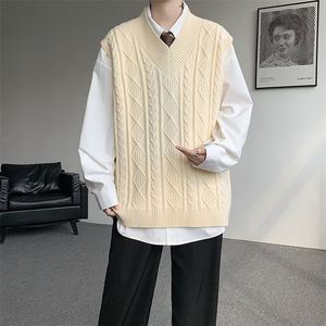 韩系叠穿复古麻花针织衫马甲男学院风早秋穿搭上衣服背心9097P58图片