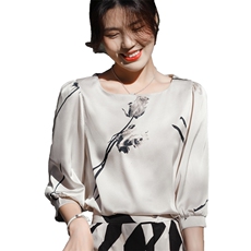 方领一枝花衬衫2025年春季套头七分袖上衣，女装衬衫，朝贺羊绒