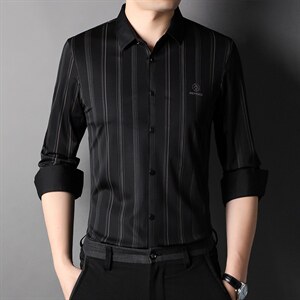 2023秋季薄款长袖衬衫男无痕免烫中年爸爸装条纹休闲男装衬衣外套图片