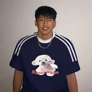 夏季美式高街重磅纯棉三条杠织带撞色男女短袖T恤ZD510-特P30图片