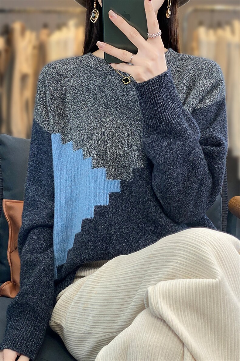 秋冬新款100%纯羊毛衫女圆领拼色针织毛衣秋冬宽松羊绒衫打底上衣,女装羊毛衫,琳尚羊绒