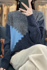 秋冬新款100%纯羊毛衫女圆领拼色针织毛衣秋冬宽松羊绒衫打底上衣，女装羊毛衫，琳尚羊绒