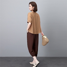 时尚优雅女装套装气质V领短袖上衣搭配宽松阔腿裤舒适百搭两件套，女装套装/套裙，叶笙衣