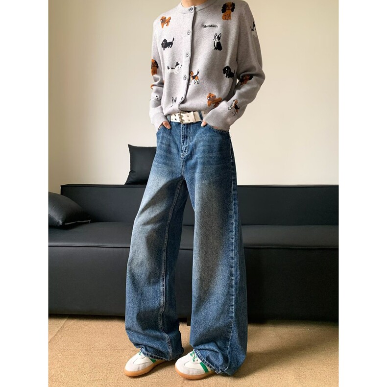 美式复古设计星星字母刺绣牛仔裤高级感百搭宽松直筒拖地长裤男，女装牛仔裤，星座218-8