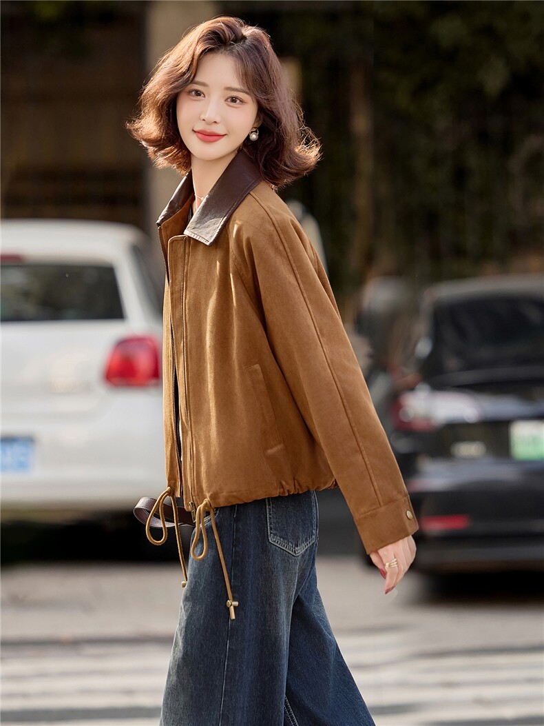 麂皮绒夹棉外套女2025冬季新款小个子棉服女翻领撞色帅气百搭外套,女装棉衣/棉服,梦懿尔