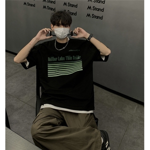 港风条纹印花大码短袖T恤男DT77773P18块特价控38：供抖音视频图片