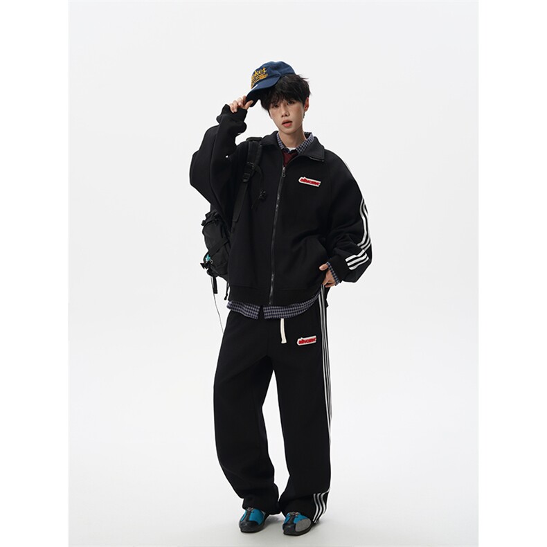 8XL-M条纹撞色开衫新年红卫衣运动套装潮牌运动服校园风TZ114P118,男装休闲套装,电商D206-1