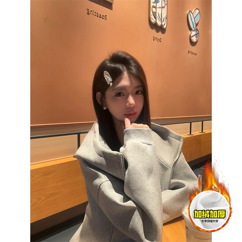480G重磅加绒硬挺boxy男女秋冬美式高街防风高领卫衣开衫厚外套,女装短外套,电商A486-1