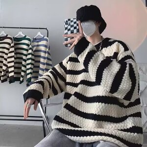 724-P43 时尚条纹潮流穿搭春秋新港风胖子撞色拼接圆领毛衣图片