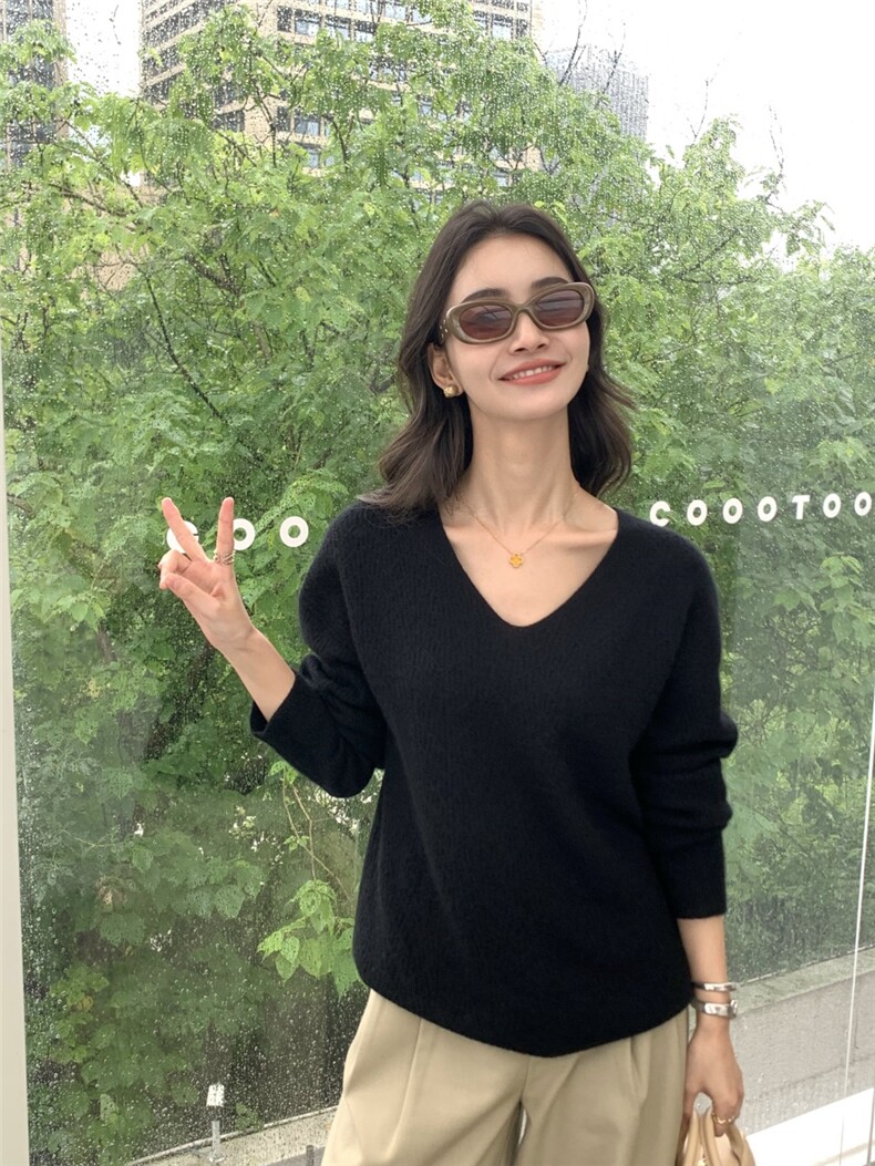 低圆领套头毛衣女针织秋冬休闲宽松打底衫,针织衫/毛衣,玛卡隆羊绒