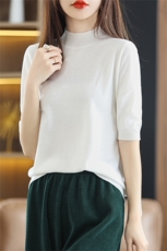 半高领短袖T恤女薄款2023春夏新款羊毛衫中袖宽松打底衫外穿上衣，女装羊毛衫，朝思羊绒