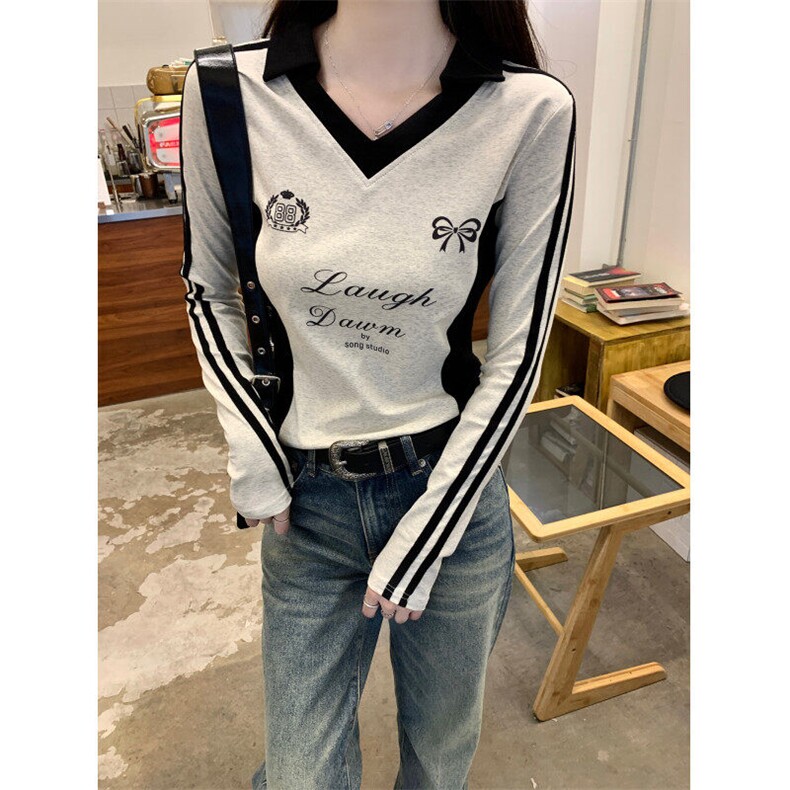 EE148-P55螺纹210克长袖t恤女装春秋薄款修身打底衫翻领上衣,男装T恤,星座911-3