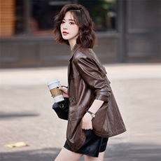 海宁真皮皮衣女2025新款春秋高级感绵羊皮中长款宽松西装女士外套，女装皮衣，简古
