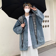 Y8091-P40复古民族风拼色贴布口袋拉链牛仔外套洋气时尚百搭翻领，男装工装外套，电商B323A