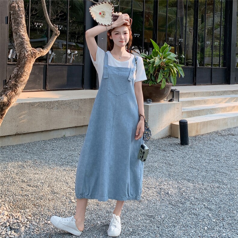 休闲减龄牛仔背带连衣裙套装女夏季新款学院风洋气时尚T恤两件套,女装套装/套裙,慧尚2-185