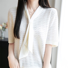 2025夏季女士舒适简约百搭纯色镶钻飘带短袖，女装T恤，盛世绒华