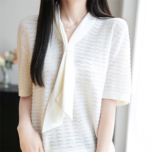2025夏季女士舒适简约百搭纯色镶钻飘带短袖图片